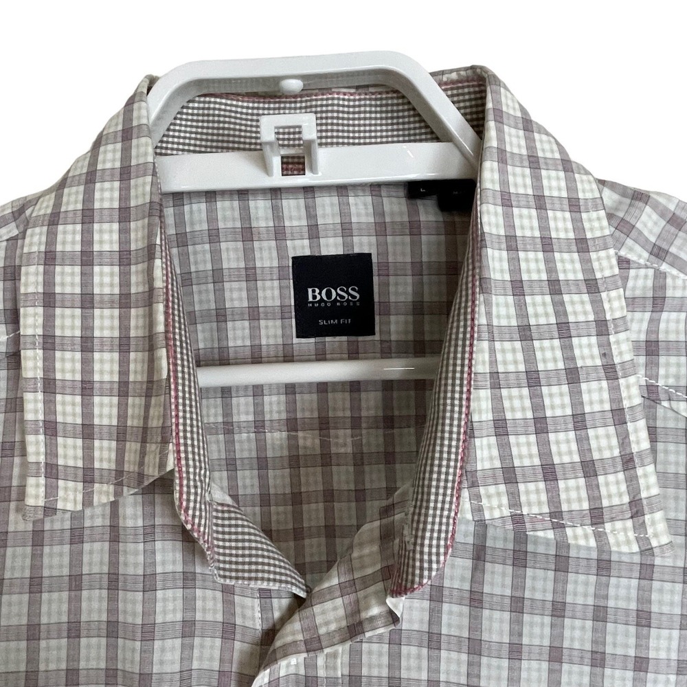BOSS Hugo Boss Preston Shirt Mens Large Tan Plaid Slim Fit Long Sleeve Button Up - Picture 2 of 11